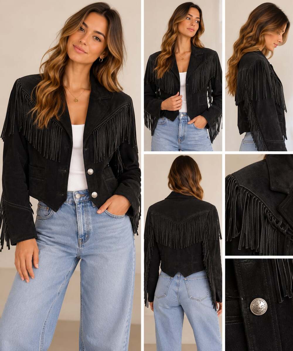 Vintage Pioneer Wear Black Suede Leather Fringe Western Jacket Made in USA